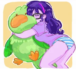 Size: 1874x1717 | Tagged: suggestive, artist:5mmumm5, derpibooru import, sci-twi, twilight sparkle, equestria girls, clothes, glasses, hairband, hug, image, it's not about the parakeet, jpeg, striped underwear, underwear