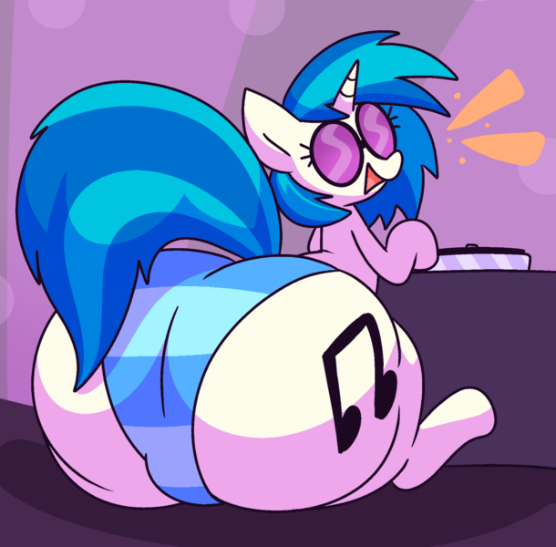 Size: 1200x1181 | Tagged: suggestive, artist:gravtitty, derpibooru import, vinyl scratch, butt, clothes, fat, female, huge butt, image, impossibly large butt, large butt, looking back, panties, plot, png, presenting, sitting, solo, solo female, striped underwear, underwear, vinyl ass