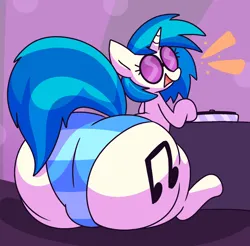 Size: 1200x1181 | Tagged: suggestive, artist:gravtitty, derpibooru import, vinyl scratch, butt, clothes, female, huge butt, image, large butt, looking back, panties, plot, png, presenting, sitting, solo, solo female, striped underwear, underwear, vinyl ass