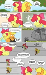 Size: 1889x3072 | Tagged: safe, artist:matchstickman, derpibooru import, apple bloom, applejack, anthro, earth pony, plantigrade anthro, pony, tumblr:where the apple blossoms, abs, apple bloom's bow, apple brawn, apple sisters, applejacked, armpits, biceps, bow, breasts, busty apple bloom, busty applejack, clothes, comic, deltoids, dialogue, duo, emanata, female, flexing, hair bow, image, jpeg, mare, matchstickman's apple brawn series, muscles, muscular female, older, older apple bloom, pecs, siblings, sisters, speech bubble, sweat, sweet apple acres, triceps, tumblr comic
