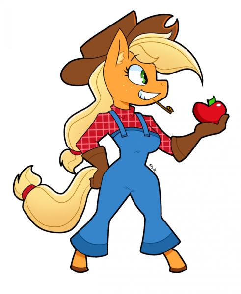 Size: 1737x2121 | Tagged: safe, artist:tysobro, derpibooru import, applejack, anthro, earth pony, pony, unguligrade anthro, apple, breasts, busty applejack, clothes, female, food, grin, hand on hip, image, mare, overalls, plaid shirt, png, shirt, simple background, smiling, solo, straw in mouth, unmoving plaid, white background