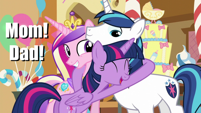 Size: 1280x720 | Tagged: safe, derpibooru import, edit, edited screencap, editor:incredibubbleirishguy, screencap, princess cadance, shining armor, twilight sparkle, twilight sparkle (alicorn), alicorn, the one where pinkie pie knows, alternate, cake, caption, food, image, image macro, png, text