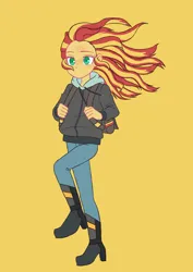 Size: 2894x4093 | Tagged: safe, artist:haibaratomoe, derpibooru import, sunset shimmer, equestria girls, bag, boots, clothes, female, high heel boots, hoodie, image, jpeg, leggings, messy mane, shoes, simple background, solo, yellow background