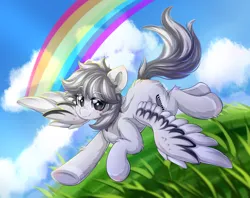 Size: 2202x1746 | Tagged: safe, artist:twilight-minkowski, derpibooru import, oc, oc:xiaoyu, unofficial characters only, pegasus, pony, cloud, eyebrows, eyebrows visible through hair, flying, grass, image, looking at you, pegasus oc, png, rainbow, sky, smiling, smiling at you, solo, spread wings, wings