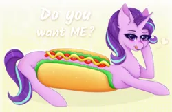 Size: 2000x1300 | Tagged: safe, artist:saltyvity, derpibooru import, starlight glimmer, pony, unicorn, blushing, cute, ear fluff, embarrassed, face licking, fluffy, food, happy face, heart, hot dog, image, licking, long glimmer, long pony, meat, pink body, png, purple eyes, purple hair, sausage, sexy face, simple background, solo, tongue out, yellow background