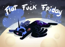 Size: 4252x3071 | Tagged: safe, artist:cutepencilcase, derpibooru import, nightmare moon, alicorn, pony, eyes closed, flat fuck friday, flop, image, lying down, moon, png, prone, tangible heavenly object, vulgar