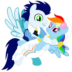 Size: 1099x1099 | Tagged: safe, artist:mlplary6, derpibooru import, rainbow dash, soarin', pegasus, pony, bridal carry, bride, carrying, clothes, dress, female, flower, flower in hair, flying, groom, husband and wife, image, just married, looking at you, male, mare, marriage, married couple, png, shipping, smiling, smiling at you, soarindash, stallion, straight