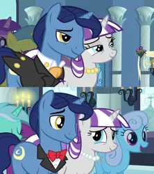 Size: 1280x1440 | Tagged: safe, derpibooru import, amethyst star, lemon hearts, linky, lyra heartstrings, night light, shoeshine, twilight velvet, unicorn, a canterlot wedding, magical mystery cure, ascot, ascot tie, bowtie, button-up shirt, canterlot, clothes, comparison, crying, dress shirt, image, jewelry, necklace, parent, png, shirt, suit, tailcoat, tears of joy, teary eyes, tuxedo