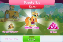 Size: 1267x852 | Tagged: safe, derpibooru import, idw, official, wheat grass, earth pony, pony, apple, bundle, bush, clothes, costs real money, ear piercing, earring, english, female, food, gameloft, gem, glasses, headband, idw showified, image, jewelry, jpeg, mare, mobile game, my little pony: magic princess, numbers, piercing, sale, solo, solo focus, text