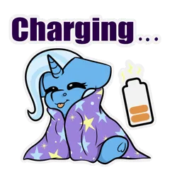 Size: 972x972 | Tagged: safe, artist:rokosmith26, derpibooru import, trixie, unicorn, battery, blanket, charging, comfy, commission, cozy, eyes closed, floppy ears, happy, image, png, simple background, sitting, stars, text, tongue out, transparent background, ych example, your character here