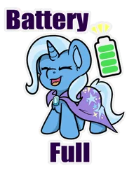 Size: 864x1131 | Tagged: safe, artist:rokosmith26, derpibooru import, trixie, pony, unicorn, battery, cape, chest fluff, chibi, clothes, eyes closed, female, gem, happy, image, mare, open mouth, png, simple background, standing, text, transparent background, trixie's cape