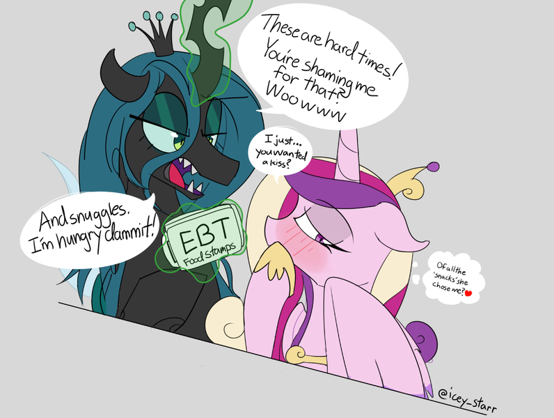 Size: 1181x890 | Tagged: safe, artist:icey, derpibooru import, princess cadance, queen chrysalis, blushing, food stamps, image, png