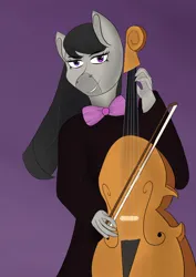 Size: 2480x3508 | Tagged: safe, artist:sh4deshad0w41, derpibooru import, octavia melody, anthro, earth pony, pony, bow (instrument), female, image, jpeg, long hair, looking at you, musical instrument, purple background, ribbon, simple background, smiling, smirk, solo, solo female, standing, violin