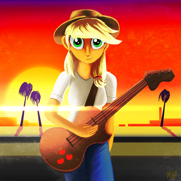 Size: 1500x1500 | Tagged: safe, artist:jphyperx, derpibooru import, applejack, equestria girls, bass guitar, image, musical instrument, palm tree, png, retrowave, solo, street, sunset, synthwave, tree