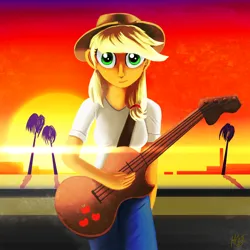 Size: 1500x1500 | Tagged: safe, artist:jphyperx, derpibooru import, applejack, equestria girls, bass guitar, image, musical instrument, palm tree, png, retrowave, solo, street, sunset, synthwave, tree