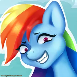 Size: 2000x2000 | Tagged: safe, artist:margaritaenot, derpibooru import, rainbow dash, pegasus, pony, blue background, bust, gradient background, grin, image, png, portrait, simple background, smiling, solo