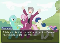 Size: 1488x1080 | Tagged: safe, derpibooru import, bon bon, cheerilee, lyra heartstrings, sweetie drops, human, pony, ace attorney, cute, eyes closed, happy, image, imagination, jpeg, miles edgeworth, open mouth, open smile, riding, riding a pony, smiling, turnabout storm