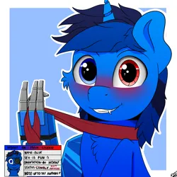 Size: 2000x2000 | Tagged: safe, artist:h3nger, derpibooru import, oc, oc:bluethecake, cyborg, pony, unicorn, horny on main, image, looking at you, png, smiling, solo, text