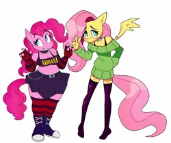 Size: 2048x1709 | Tagged: safe, artist:tyso_art, derpibooru import, fluttershy, pinkie pie, anthro, earth pony, pegasus, belt, boots, bra, bra strap, choker, chubby, clothes, crop top bra, cute, diapinkes, duo, ear piercing, earring, evening gloves, female, fingerless elbow gloves, fingerless gloves, gloves, grin, image, jewelry, jpeg, long gloves, midriff, nirvana, peace sign, piercing, pride, pride flag, shoes, shyabetes, simple background, skirt, smiling, socks, stockings, striped socks, sweater, sweatershy, thigh highs, transgender pride flag, underwear, white background