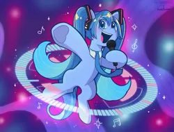 Size: 2030x1543 | Tagged: safe, artist:nadaburner, artist:syrupyyy, derpibooru import, kotobukiya, ponified, earth pony, pony, blushing, collaboration, cute, female, hatsune miku, image, jpeg, kotobukiya hatsune miku pony, mare, microphone, music notes, necktie, open mouth, singing, solo, vocaloid