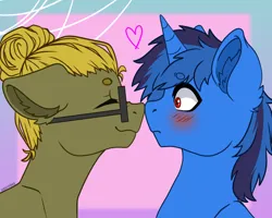 Size: 700x560 | Tagged: safe, artist:duskooky, artist:kooky, derpibooru import, oc, oc:bluethecake, oc:donnik, unofficial characters only, pegasus, pony, unicorn, blushing, boop, gradient background, image, nuzzling, png, surprised