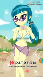 Size: 546x970 | Tagged: suggestive, artist:jakepixels, derpibooru import, juniper montage, human, equestria girls, beach, beach ball, bikini, blushing, breasts, busty juniper montage, clothes, female, glasses, gumroad, gumroad logo, image, looking at you, patreon, patreon logo, png, smiling, smiling at you, solo, solo female, stupid sexy juniper montage, swimsuit
