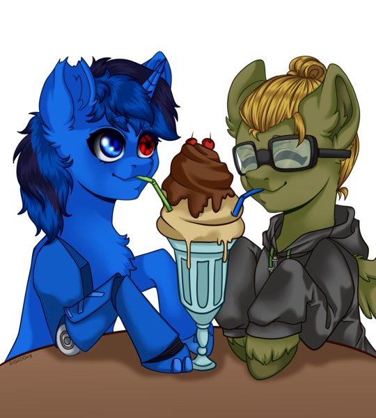 Size: 2160x2400 | Tagged: safe, artist:duskooky, artist:kooky, derpibooru import, oc, oc:bluethecake, oc:donnik, unofficial characters only, pegasus, pony, unicorn, blushing, drink, happy, image, milkshake, png, simple background, transparent background