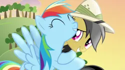 Size: 1280x720 | Tagged: safe, derpibooru import, screencap, daring do, rainbow dash, pony, daring don't, duo, duo female, female, hug, image, png