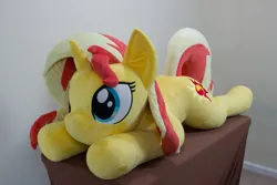 Size: 5058x3372 | Tagged: safe, artist:azgchip, derpibooru import, sunset shimmer, pony, unicorn, cute, female, image, irl, life size, lying down, mare, photo, plushie, png, prone, solo, sploot