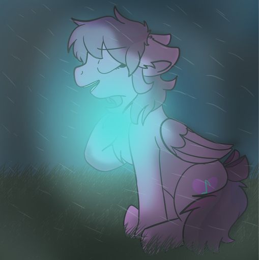 Size: 509x512 | Tagged: artist needed, safe, derpibooru import, oc, oc:emilia starsong, pegasus, bow, eyes closed, female, glow, grass, grass field, image, jpeg, night, rain, singing, solo, tail, tail bow