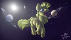 Size: 3662x2080 | Tagged: safe, artist:lightning bolty, derpibooru import, oc, oc:lemon drop, unofficial characters only, earth pony, ear fluff, earth pony oc, female, image, macro, object vore, open mouth, planet vore, planetary ring, png, pony bigger than a planet, signature, solo, solo female, space, stars, sun, unshorn fetlocks, vore