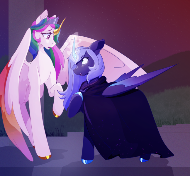 Size: 1600x1481 | Tagged: safe, artist:wifflethecatboi, derpibooru import, princess celestia, princess luna, alicorn, pony, blue mane, cape, castle of the royal pony sisters, cel shading, clothes, colored hooves, colored wings, crown, eyebrows, eyebrows visible through hair, eyelashes, folded wings, gold hooves, gold horn, gradient wings, green mane, hoof polish, hooves, horn, image, jewelry, kokoshnik tiara, magic, magic aura, multicolored mane, outdoors, pink mane, png, purple eyes, regalia, s1 luna, scared, shading, sharp horn, silver hooves, silver horn, spread wings, tiara, turquoise eyes, white coat, wings