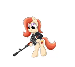 Size: 1800x1600 | Tagged: safe, artist:amateur-draw, derpibooru import, oc, oc:phosphor flame, unofficial characters only, earth pony, pony, bipedal, clothes, dragunov, female, gun, image, jacket, leather, leather jacket, makeup, mare, png, rifle, scope, shirt, simple background, sniper rifle, solo, weapon, white background