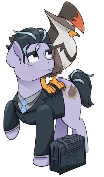 Size: 2054x3494 | Tagged: safe, artist:backgroundpony#f352, derpibooru import, ponified, bird, pony, staraptor, bags under eyes, clothes, crossover, duo, eyes open, image, larry (pokemon), male, necktie, png, pokémon, signature, simple background, sleeping, stallion, standing, suit, suitcase, transparent background