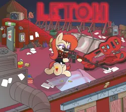 Size: 1800x1600 | Tagged: safe, artist:amateur-draw, derpibooru import, oc, oc:phosphor flame, unofficial characters only, earth pony, pony, baton, bullet, clothes, female, guitar case, gun, hotel, image, jacket, kneeling, leather, leather jacket, makeup, mare, neon, png, rifle, rooftop, scenery, shirt, sign, sniper rifle, solo, solo female, stun gun, television, water tower, weapon