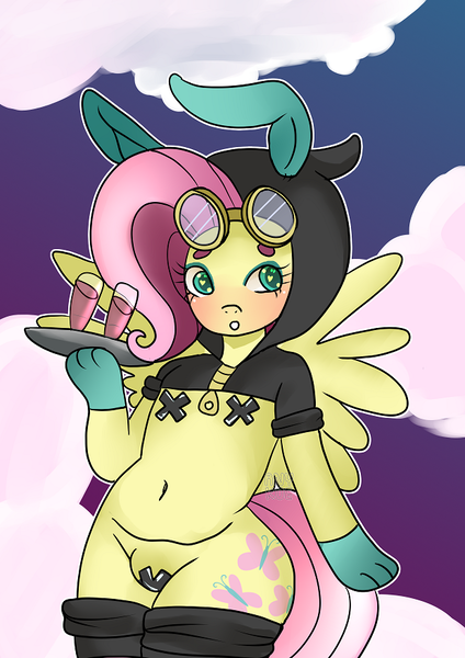 Size: 620x877 | Tagged: questionable, artist:anykoe, derpibooru import, fluttershy, rabbit, semi-anthro, alcohol, animal, animal costume, bunny costume, bunny ears, bunny suit, clothes, cloud, costume, glass, glasses, gloves, image, latex, maebari, nipple tape, pasties, png, sky, socks, solo, stockings, thigh highs, wine, wine glass
