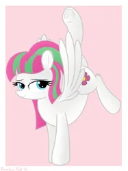 Size: 2768x3708 | Tagged: safe, artist:rainbowšpekgs, derpibooru import, blossomforth, pegasus, pony, female, flexible, frog (hoof), handstand, image, mare, png, pose, relaxed, smiling, solo, spread wings, that pony sure is flexible, underhoof, upside down, wings