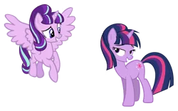 Size: 1600x1000 | Tagged: safe, derpibooru import, edit, vector edit, starlight glimmer, twilight sparkle, alicorn, pony, unicorn, alicornified, alternate universe, grin, image, png, ponytail, race swap, role reversal, smiling, starlicorn, unicorn twilight, vector, xk-class end-of-the-world scenario