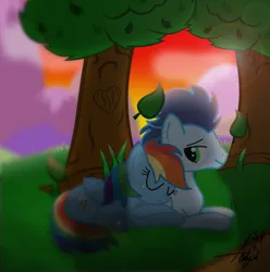 Size: 890x898 | Tagged: safe, artist:ponyartcollabstudio, derpibooru import, rainbow dash, soarin', pegasus, pony, female, image, jpeg, lying down, male, mare, shipping, sleeping, soarindash, stallion, straight, tree