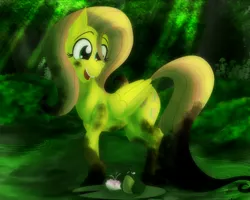 Size: 2500x2000 | Tagged: safe, artist:sixes&sevens, derpibooru import, fluttershy, frog, pegasus, pony, dirty, female, flower, grass, image, lilypad, looking down, mare, mud, muddy, open mouth, outdoors, png, smiling, solo, swamp, tree, water