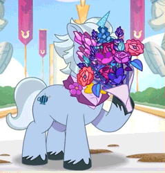 Size: 507x530 | Tagged: safe, derpibooru import, screencap, pony, unicorn, g5, my little pony: tell your tale, spoiler:g5, spoiler:my little pony: tell your tale, spoiler:tyts01e51, alphabetes, alphabittle blossomforth, animated, bouquet, bouquet of flowers, bowtie, clothes, cropped, cute, dirt, flower, freckles, gif, happy, hoof hold, image, male, mare family mare problems, open mouth, open smile, peekaboo, raised hoof, smiling, solo, stallion, standing, suit, tuxedo, youtube link, zephyr heights