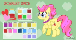 Size: 2030x1080 | Tagged: safe, artist:thunderdasher07, derpibooru import, oc, oc:scarlet spice, unofficial characters only, pegasus, pony, abstract background, butt, butt freckles, chubby, color palette, cutie mark, ear piercing, earring, food, freckles, glasses, hair bun, heart, image, jar, jewelry, pepper, piercing, plot, png, raised hoof, reference sheet, solo
