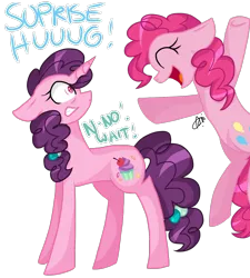 Size: 1400x1557 | Tagged: safe, artist:gallantserver, derpibooru import, pinkie pie, sugar belle, earth pony, pony, unicorn, dialogue, image, imminent hape, png, simple background, transparent background