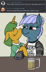 Size: 473x732 | Tagged: safe, artist:thebathwaterhero, derpibooru import, oc, oc:heel, oc:silent night, cyborg, earth pony, unicorn, alcohol, amputee, beer, clothes, earth pony oc, female, horn, image, kiss on the cheek, kissing, lesbian, png, prosthetic limb, prosthetics, shirt, unamused, unicorn oc