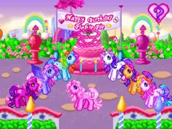 Size: 512x384 | Tagged: safe, derpibooru import, cheerilee (g3), pinkie pie (g3), rainbow dash (g3), scootaloo (g3), starsong, sweetie belle (g3), toola roola, earth pony, pegasus, pony, unicorn, cake, female, food, g3, image, mare, pinkie pie's party, png