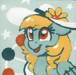 Size: 1192x1171 | Tagged: safe, artist:dandy, derpibooru import, oc, oc:fair flyer, unofficial characters only, pegasus, pony, acrylic painting, bust, female, flower, hat, image, mare, open mouth, pegasus oc, png, snowpity inc., solo, stars, traditional art, wings