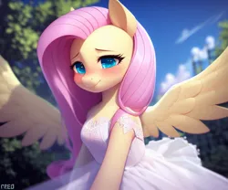 Size: 768x640 | Tagged: safe, ai content, derpibooru import, machine learning generated, prompter:kylebilibili, stable diffusion, fluttershy, pegasus, semi-anthro, g4, arm hooves, blushing, bride, clothes, derpibooru exclusive, dress, generator:pony diffusion v4, image, png, prompt in description, solo, wedding dress