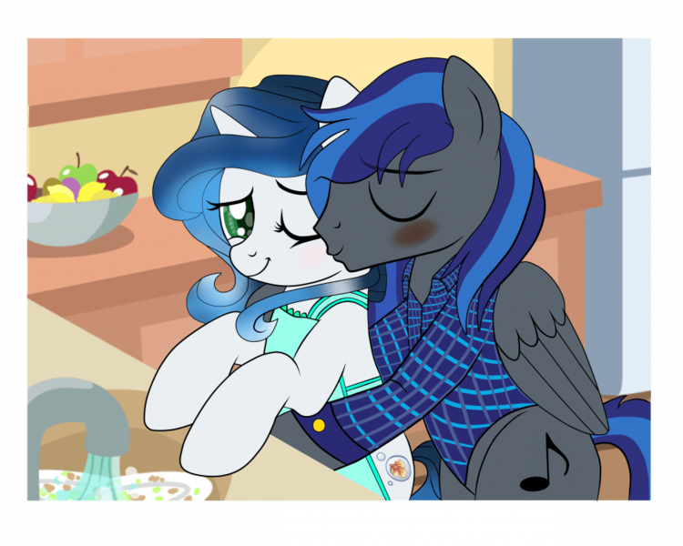 Size: 960x768 | Tagged: safe, artist:amgiwolf, artist:yesic01, derpibooru import, oc, unofficial characters only, pegasus, pony, unicorn, apron, base used, blushing, clothes, duo, female, image, kiss on the cheek, kissing, male, mare, png, stallion