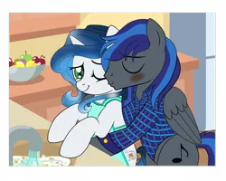 Size: 960x768 | Tagged: safe, artist:amgiwolf, artist:yesic01, derpibooru import, oc, unofficial characters only, pegasus, pony, unicorn, apron, base used, blushing, clothes, duo, female, image, kiss on the cheek, kissing, male, mare, png, stallion