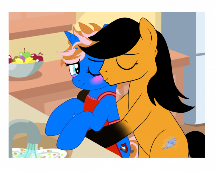 Size: 960x768 | Tagged: safe, artist:amgiwolf, artist:yesic01, derpibooru import, oc, unofficial characters only, earth pony, pony, unicorn, apron, base used, blushing, clothes, duo, image, kiss on the cheek, kissing, png